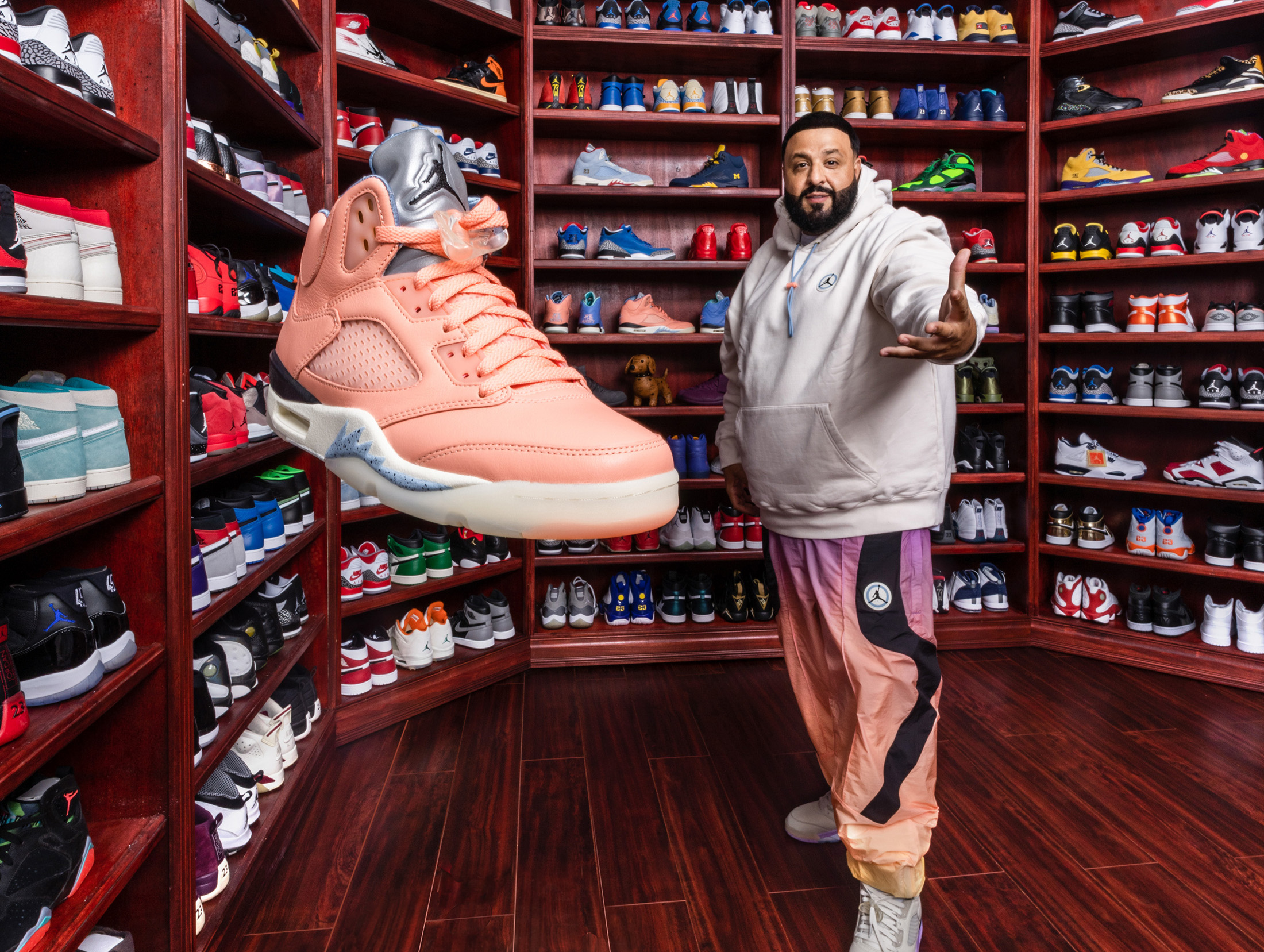 DJ Khaled in sneaker closet during Airbnb commercial production.