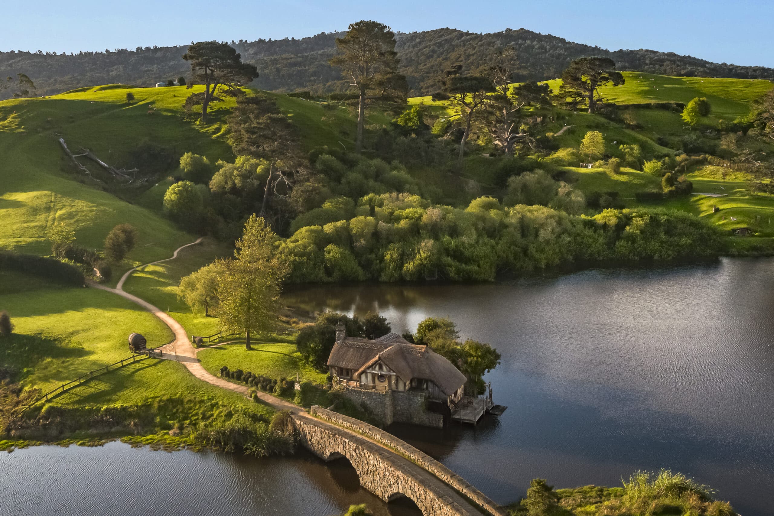 Aerial image of Hobbiton, a hobbit Airbnb rental.